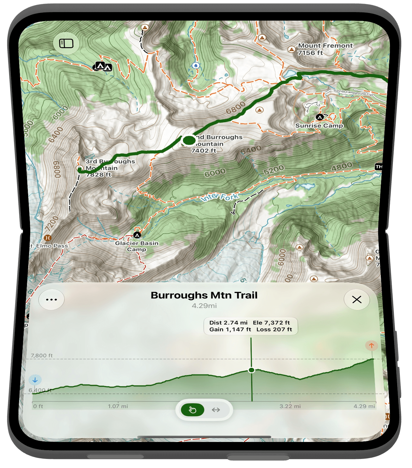 Tabletop: a trail's elevation profile on the bottom half, the route on the map above
