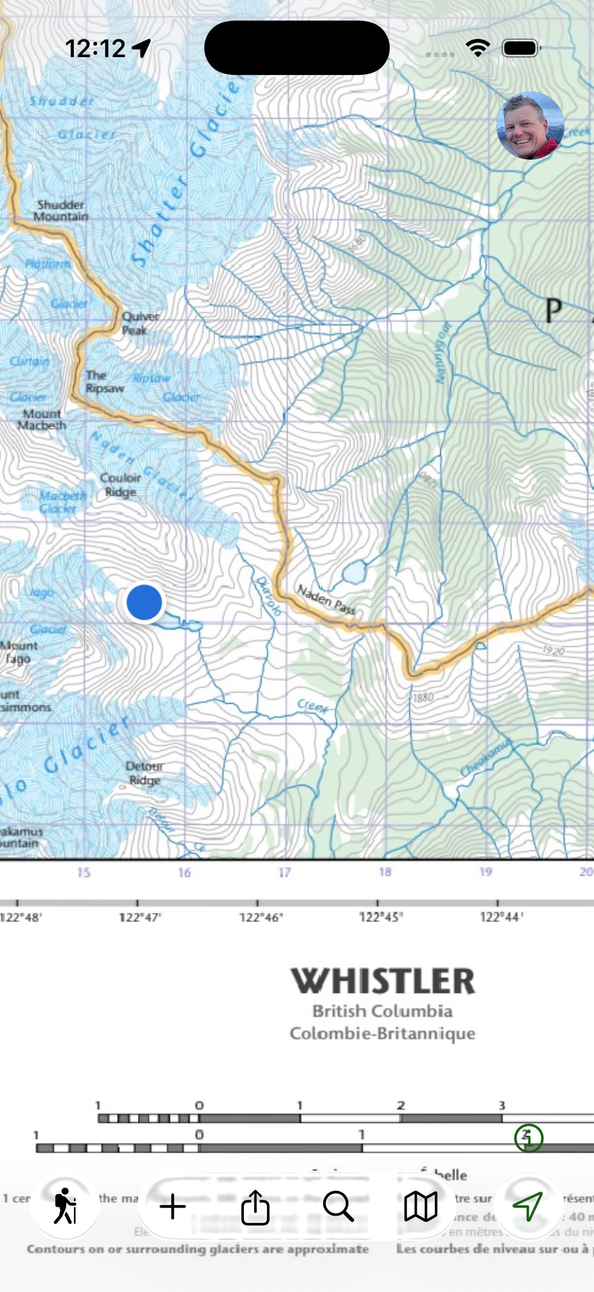 An imported geoPDF open in Topo Maps+, with the GPS location dot on a publisher’s map in remote terrain