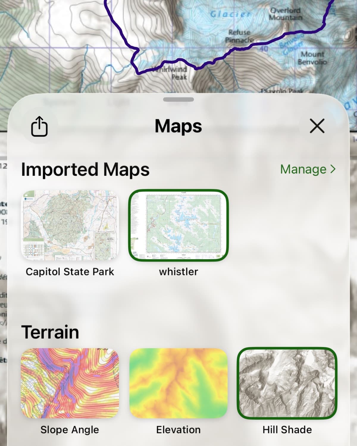 The Topo Maps+ map picker — two imported maps sitting alongside the terrain and overlay layers