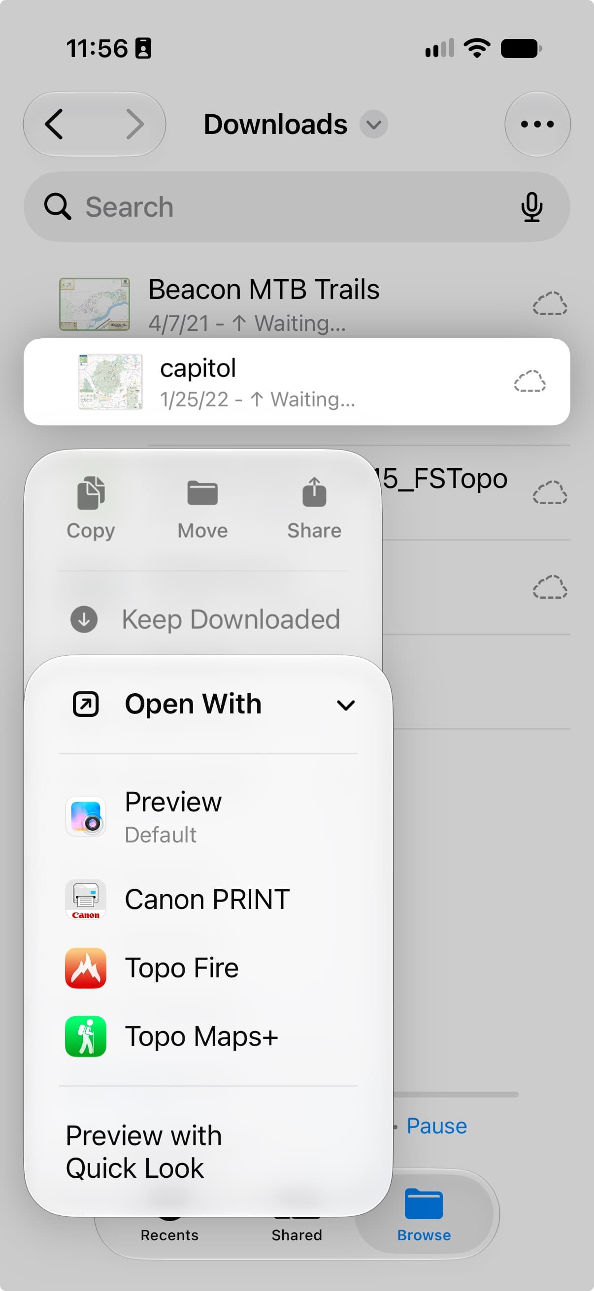 A geoPDF file being opened into Topo Maps+ from the iOS Files share sheet