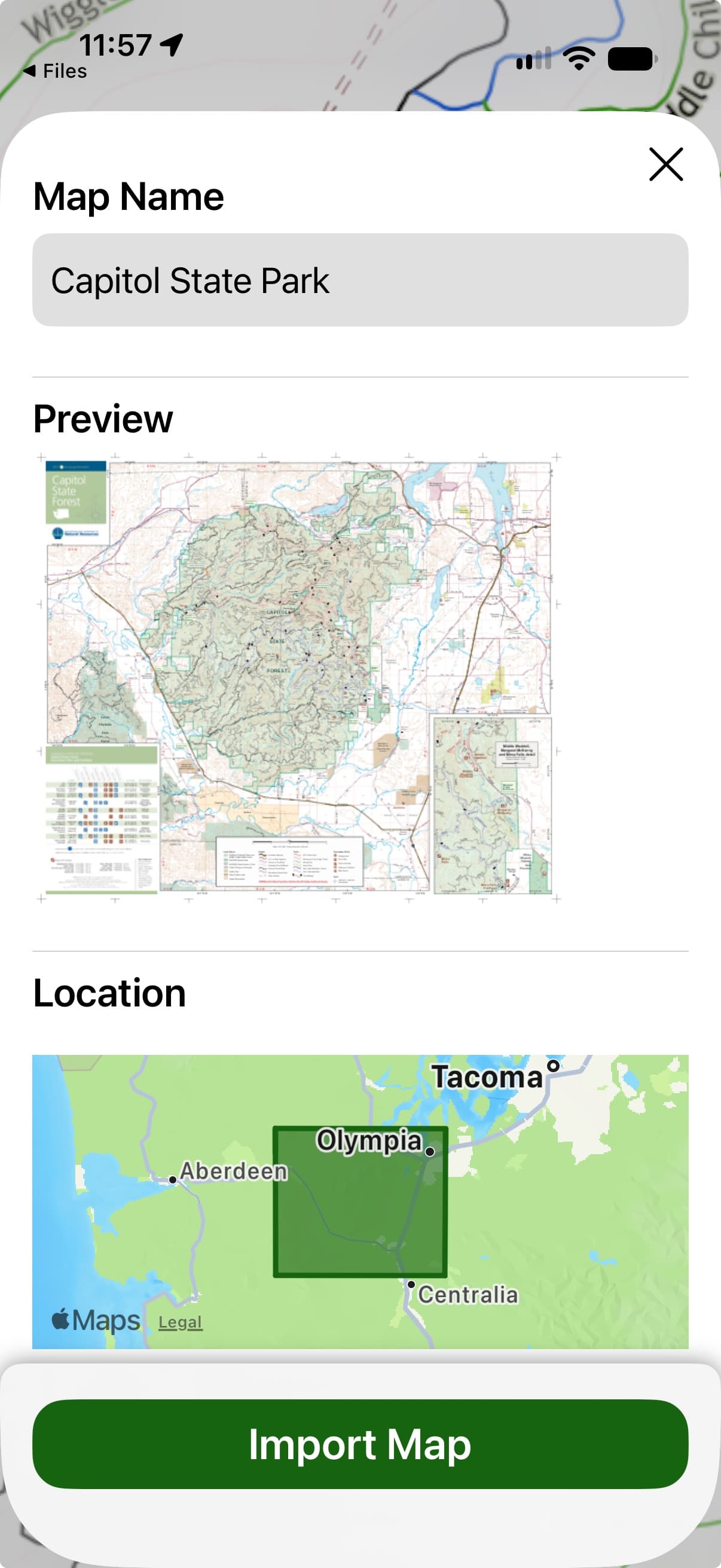 The Topo Maps+ import screen — map name, preview, and location, with an Import Map button
