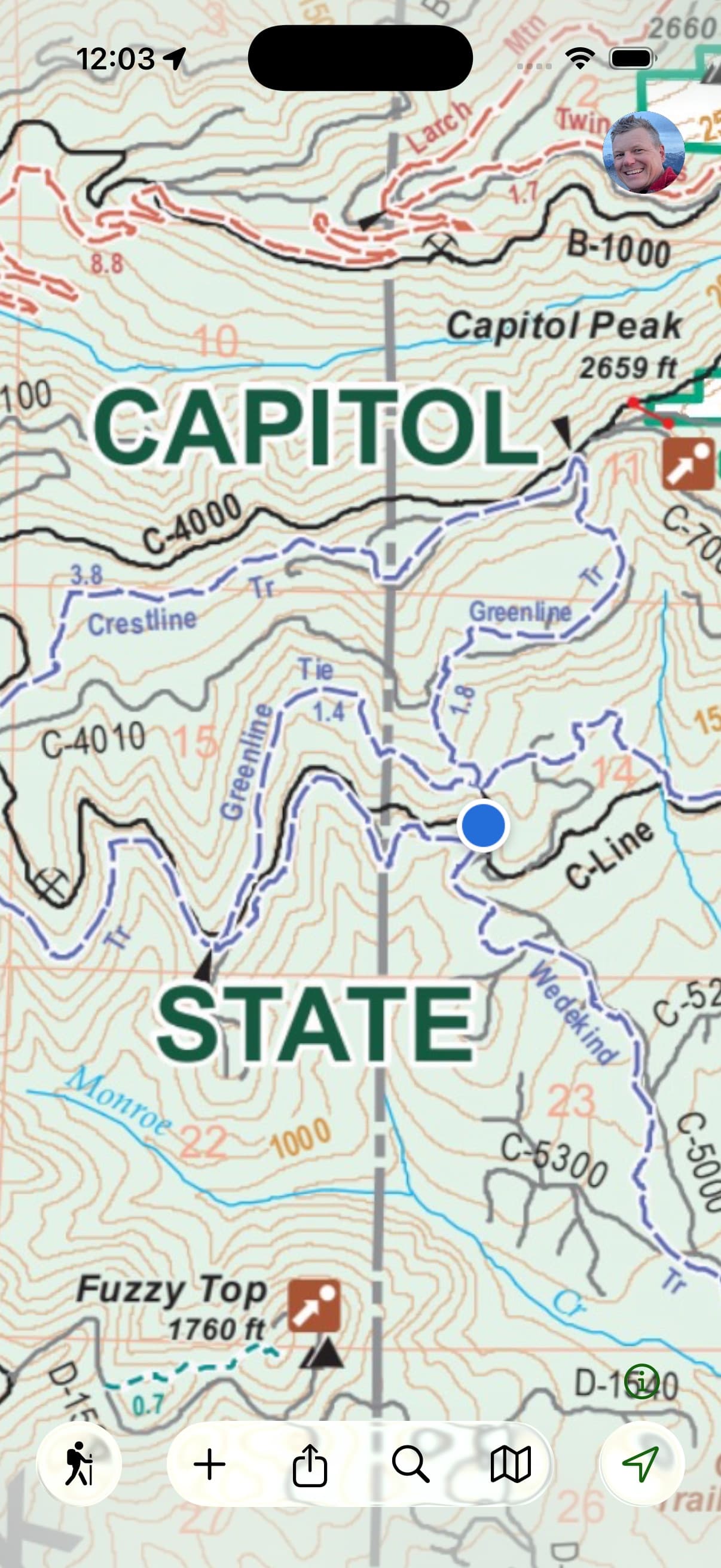 Navigating an imported Capitol State Park map in Topo Maps+, with the GPS location dot on it