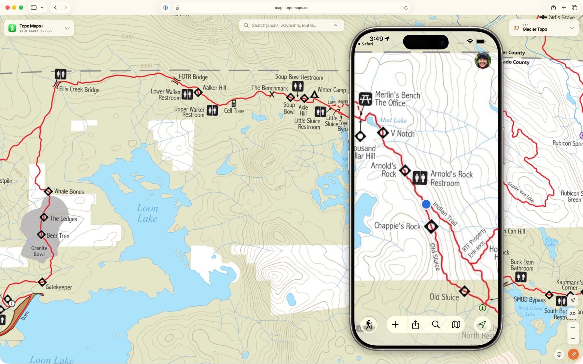 SCREENSHOT: a CartoTracks off-road map open in Topo Maps+ (landscape)
