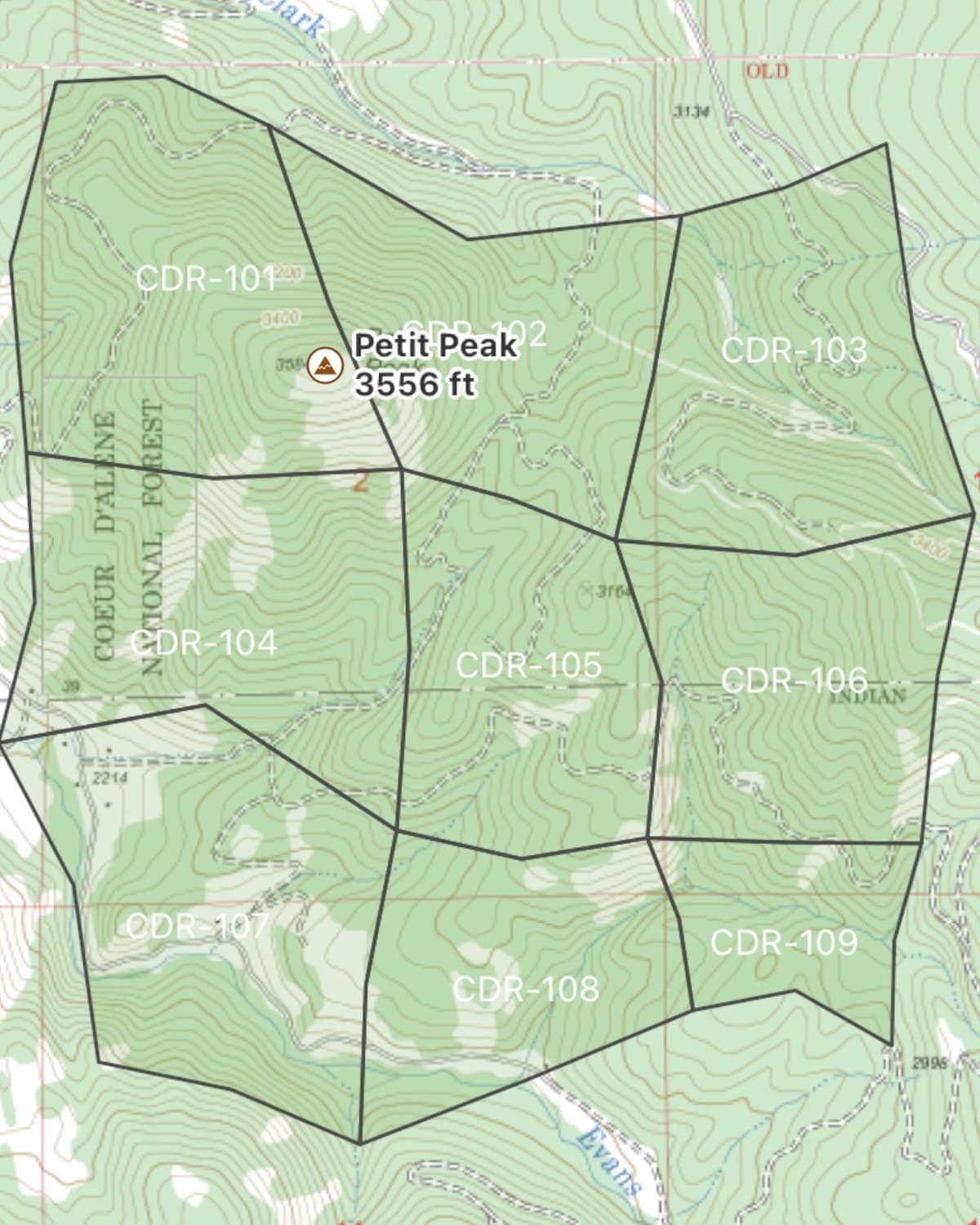 Nine timber stands on a topographic map, every stand drawn in the same neutral outline