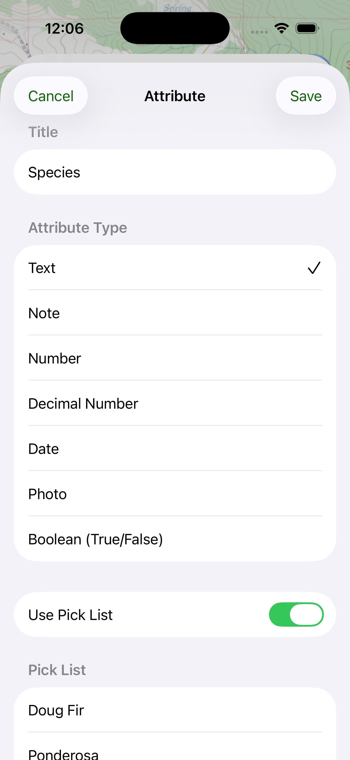 Defining a Data Layer’s attributes in Topo Maps+ — a list of fields with their types