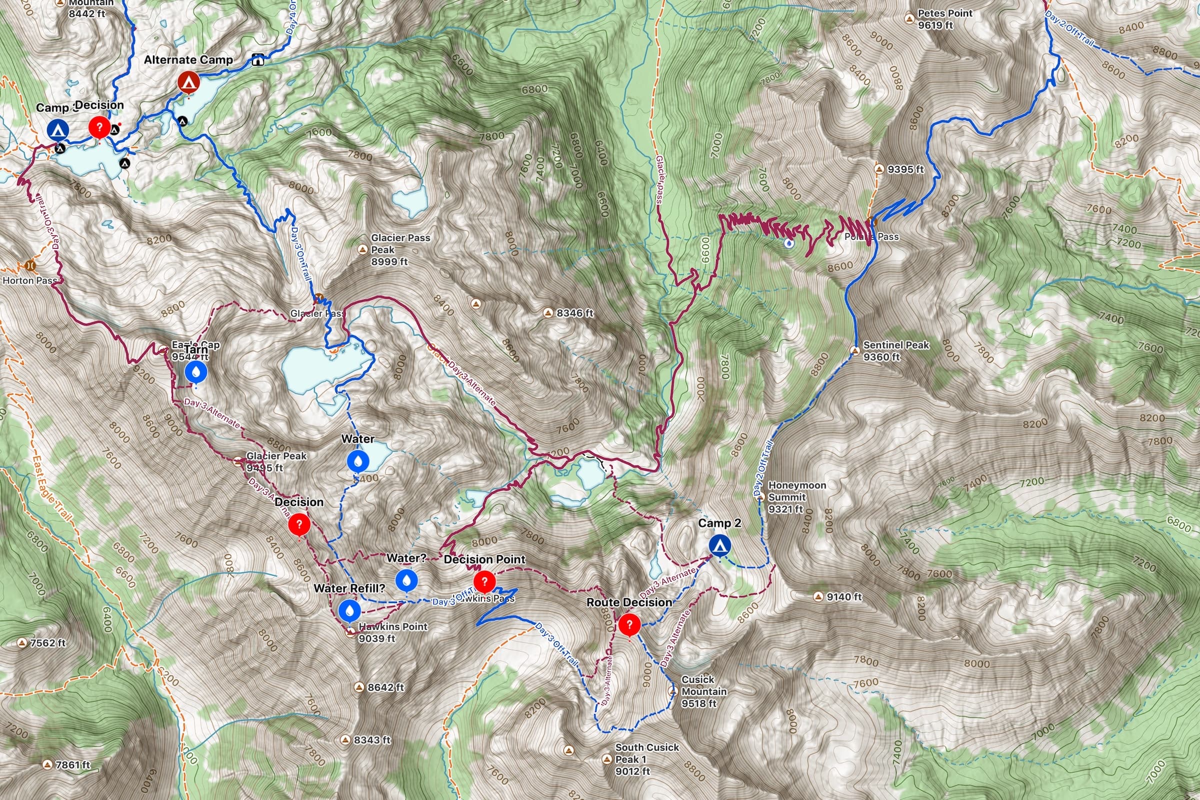 The Eagle Cap Wilderness trip plan in Topo Maps+, showing the main route alongside the planned alternate and bail-out routes