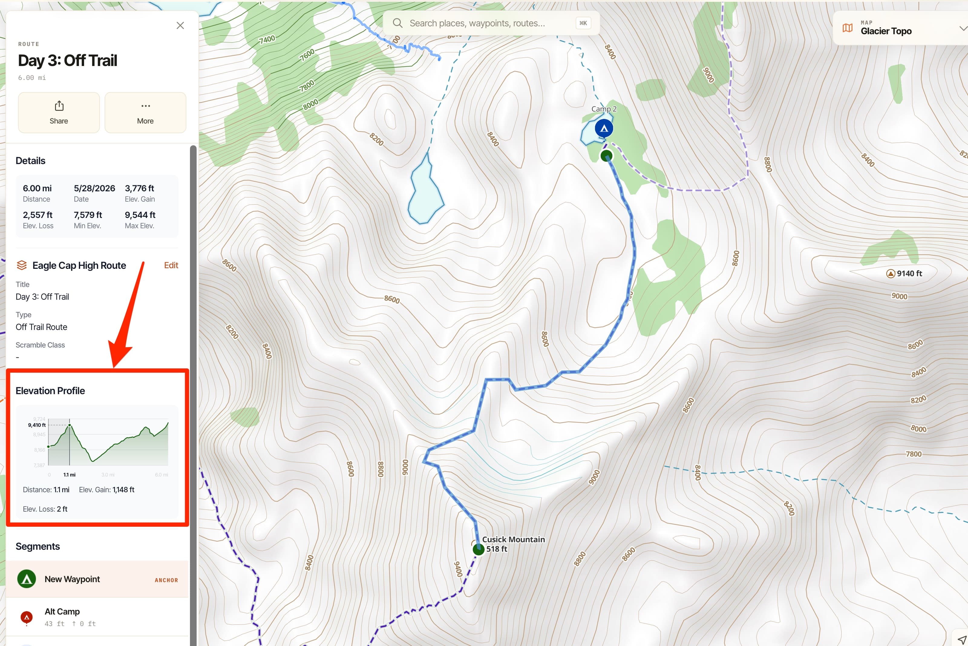 The Day 3: Off Trail route in the Topo Maps+ web app, with the elevation profile showing 1.0 mile and 1,147 feet of gain for the first leg