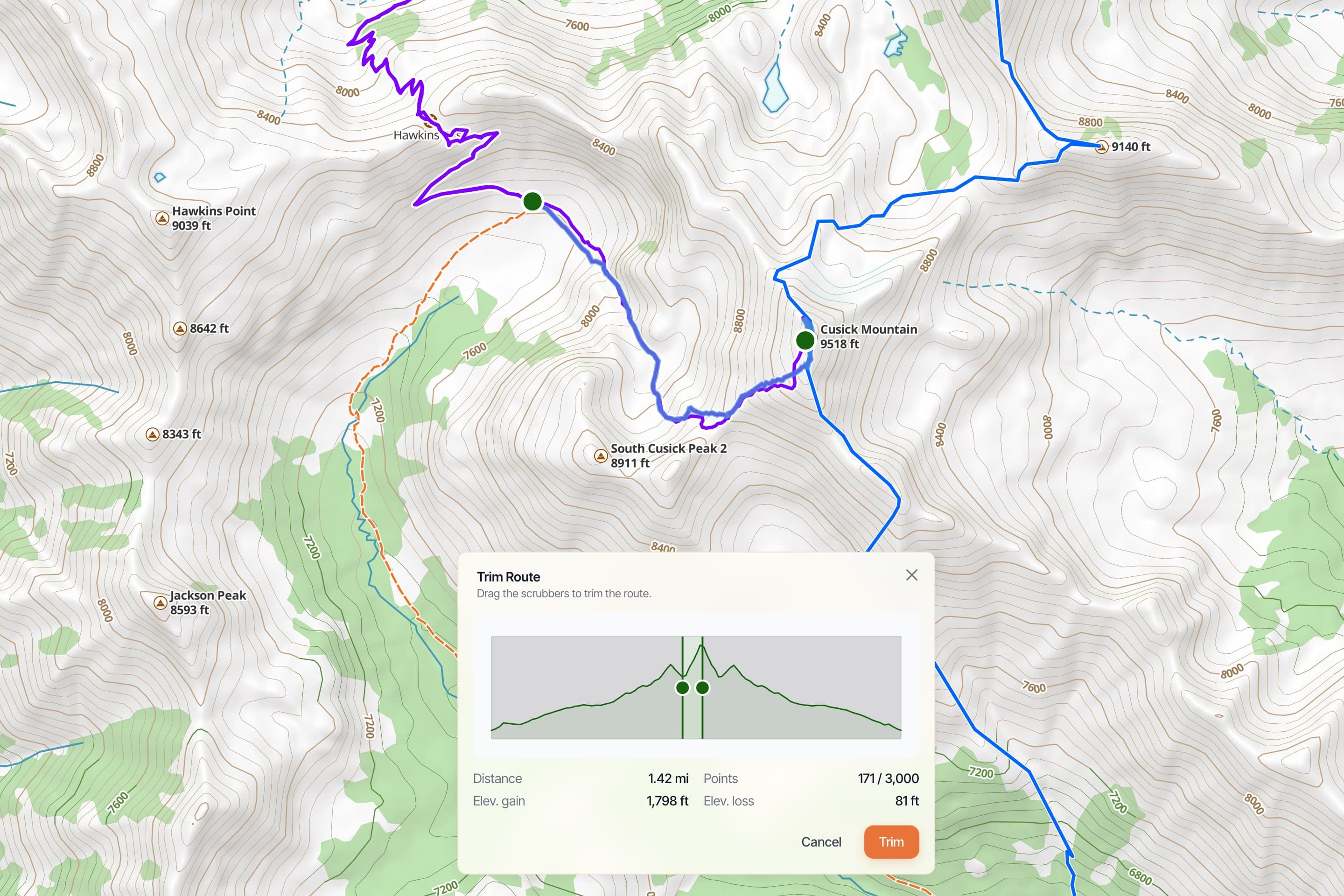 PHOTO: clipped off-trail tracks, Snap to Trails links, and camp waypoints assembled in the web app