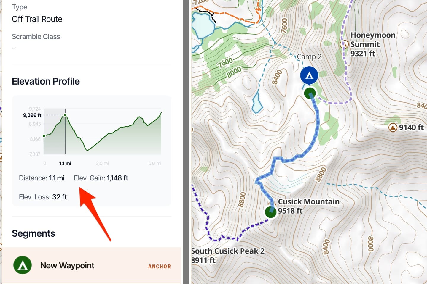 PHOTO: the web app elevation profile with a click-drag selection showing the distance and elevation gain for that stretch