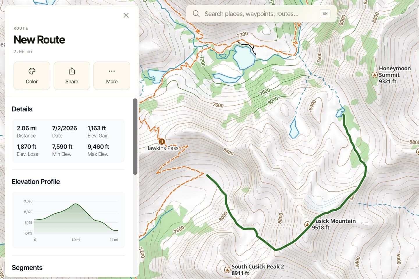 PHOTO: a rough route sketched over Cusick Mountain in the web app