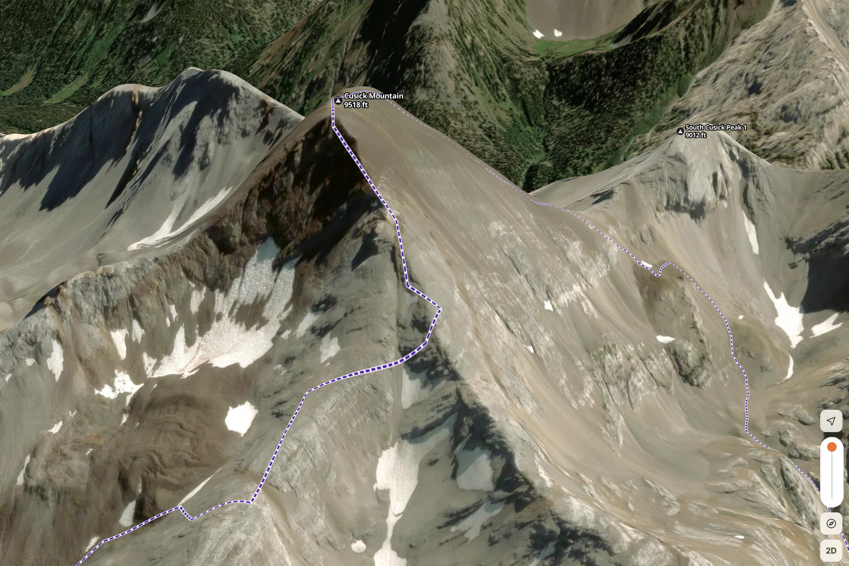 PHOTO: the 3D terrain preview flying the ridgeline with the route line drawn on it