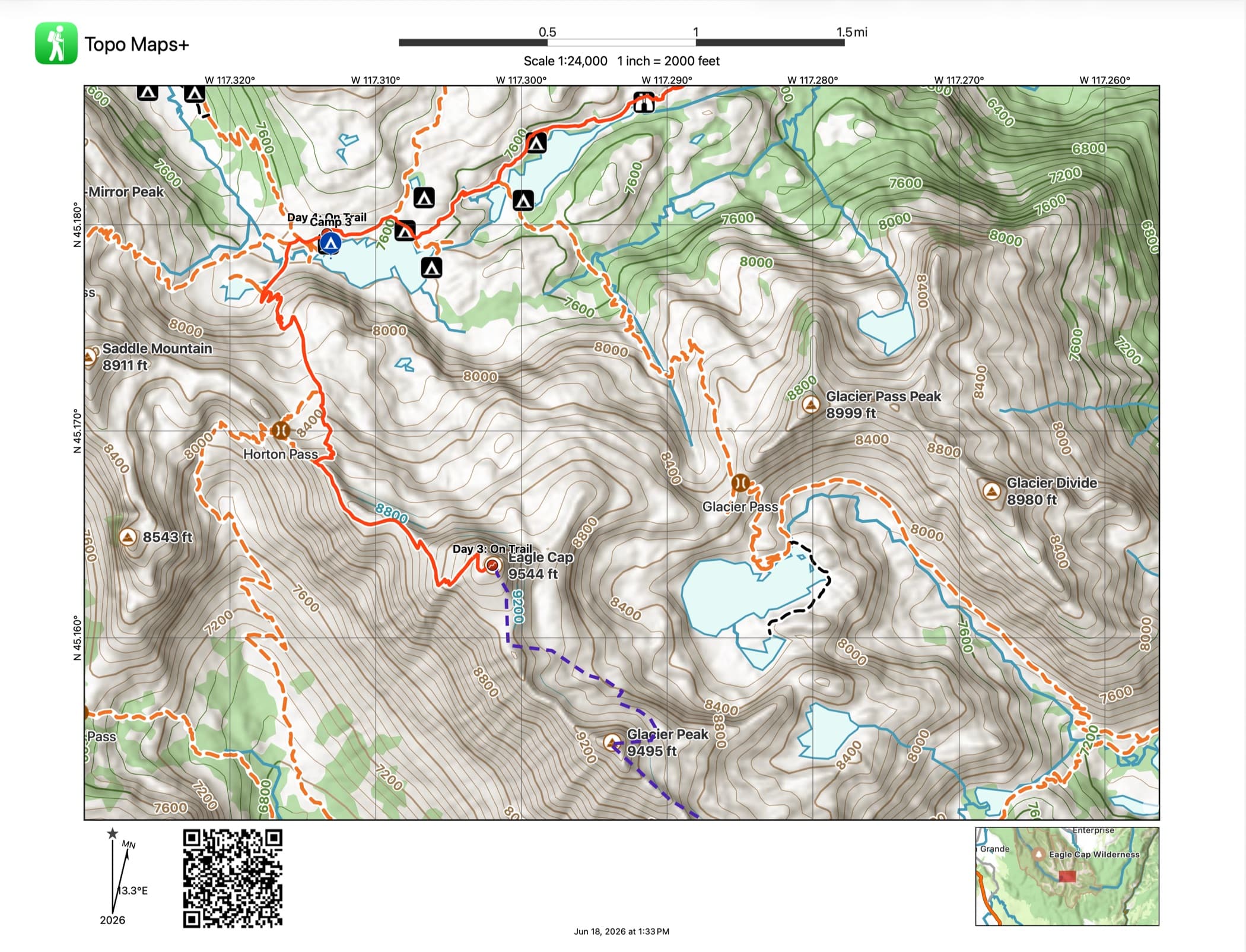 PRINT MAP: a full printed Topo Maps+ sheet with the route, coordinate grid, magnetic declination, and scale bar