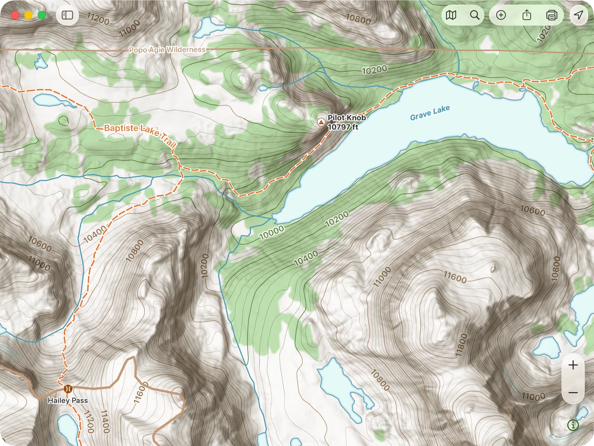 SCREENSHOT: contour lines reading green where they cross forest — the before/after