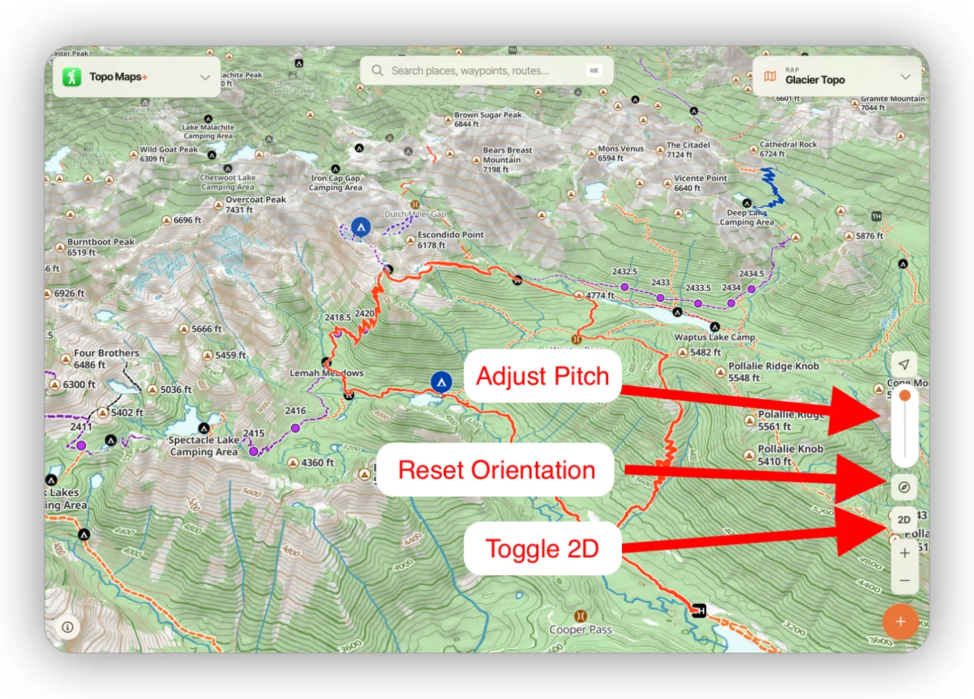 The map in 3D with the pitch slider and the 2D button