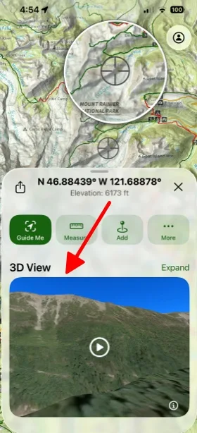 The 3D View in the card that opens after holding on the map