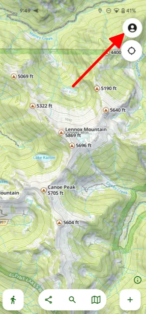 The Account button in the top-right corner of the map
