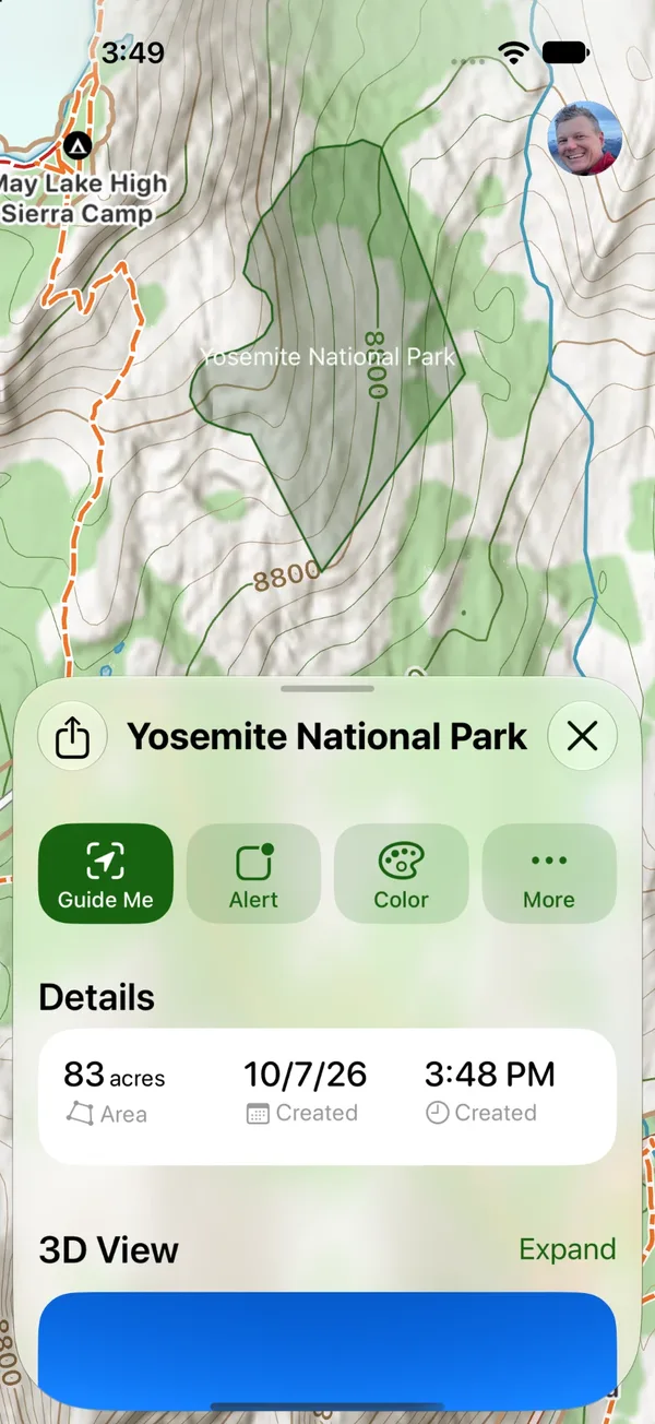 A saved region's card with Guide Me, Alert, Color, and More, and its area in Details
