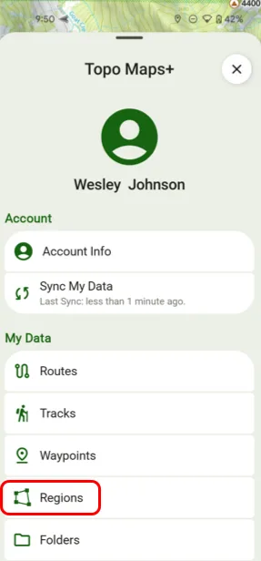 Regions in the My Data section of the account menu