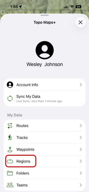 Regions in the My Data section of the account menu