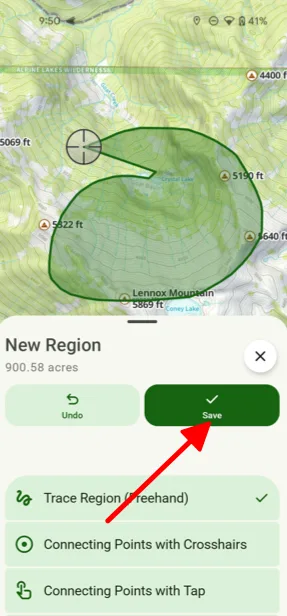 A drawn region with the Save button