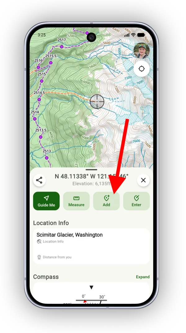 Crosshairs on the map after tapping and holding, with the Add button