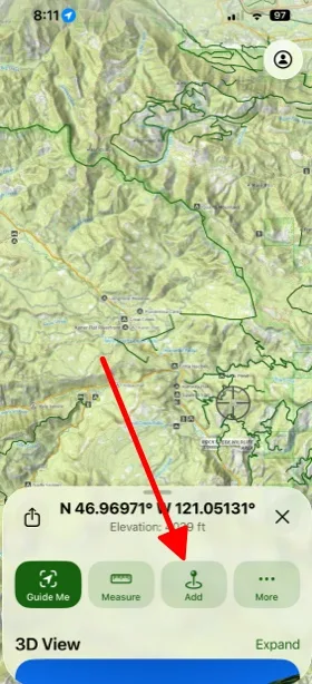 Crosshairs on the map after tapping and holding, with the Add button