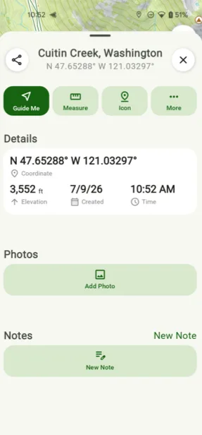 The details card for a new waypoint