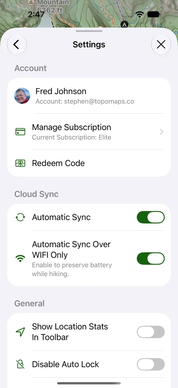 The Settings screen showing the Account, Cloud Sync, and General sections