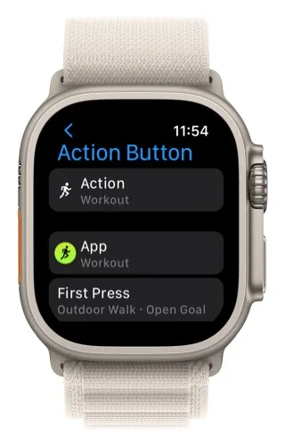 Action Button settings with Action set to Workout and the App option