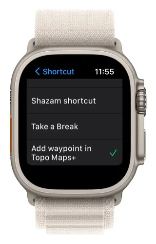 Add waypoint in Topo Maps+ selected as the shortcut