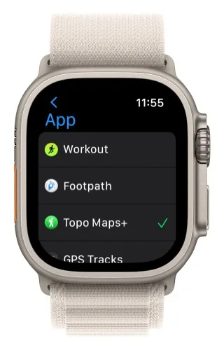 Topo Maps+ selected as the Action Button workout app