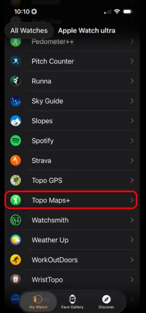 Topo Maps+ in the list of apps in the iPhone Watch app