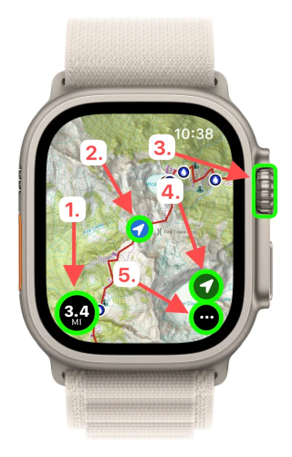 The Watch map screen with the distance, your location, Digital Crown, location button, and menu button labeled 1 to 5