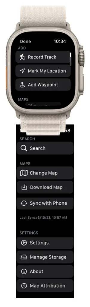The full Watch menu, including Record Track, Mark My Location, Add Waypoint, Search, Change Map, Download Map, Sync with Phone, Settings, and Manage Storage