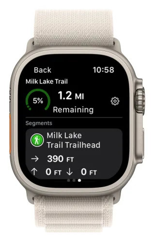 Progress on Trail showing the distance remaining, the gear icon, and the next segment