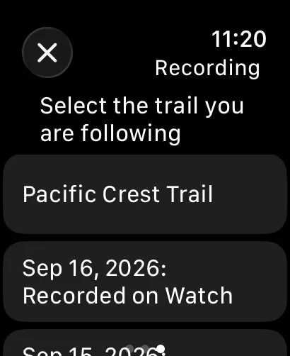 Select the trail you are following, listing nearby trails and your recorded tracks
