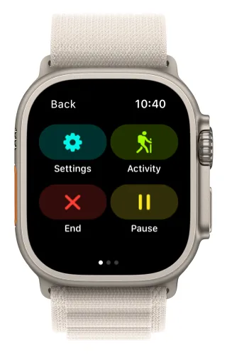 The track menu with Settings, Activity, End, and Pause