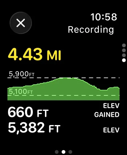 The elevation graph screen with elevation gained and current elevation