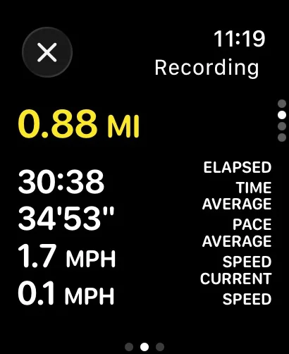 A metric screen with elapsed time, average pace, average speed, and current speed