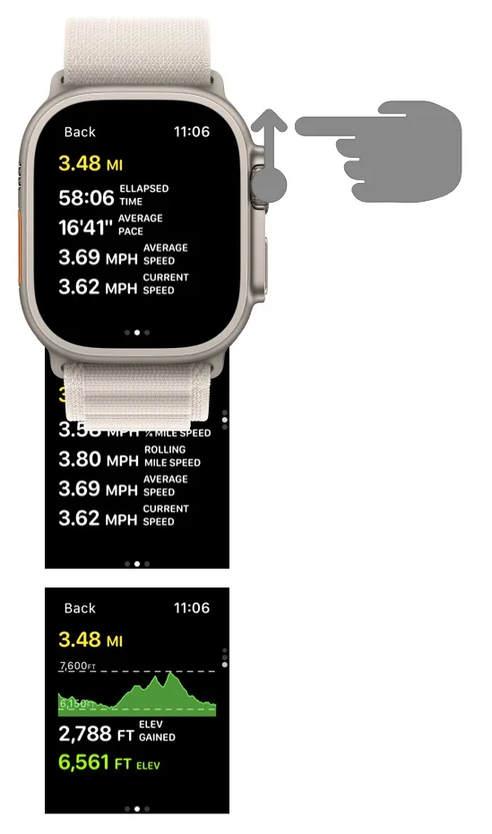 Scrolling through the recording metric screens with the Digital Crown