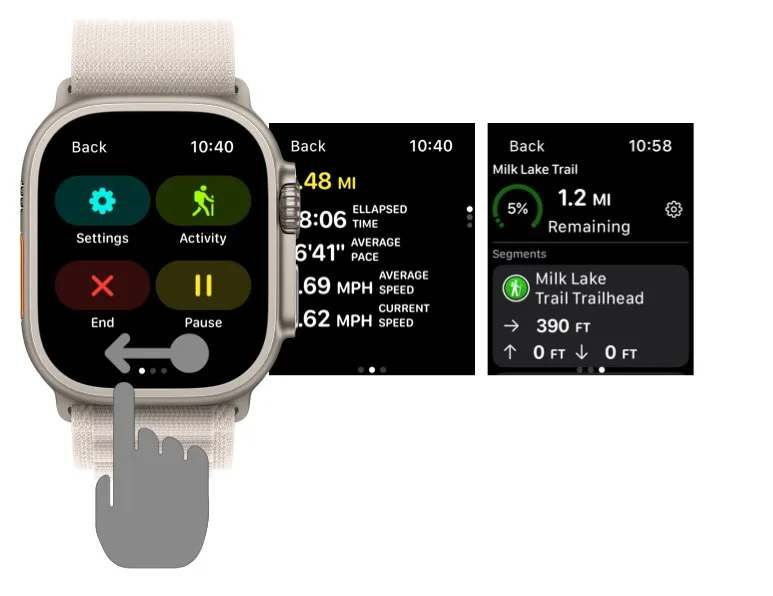 The three recording screens: controls, metrics, and Progress on Trail