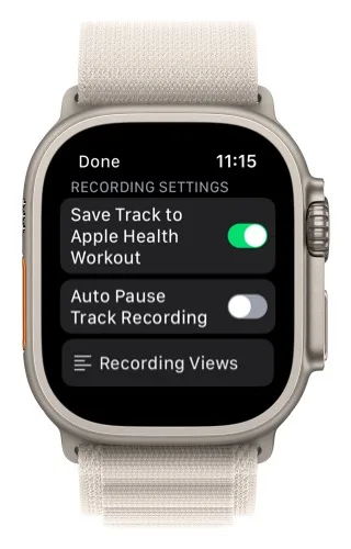 Recording settings with Save Track to Apple Health Workout, Auto Pause Track Recording, and Recording Views