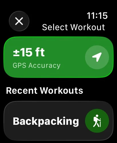 Select Workout with the GPS accuracy at the top and Recent Workouts below