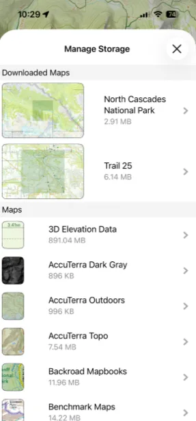 The list of downloaded maps in Manage Storage