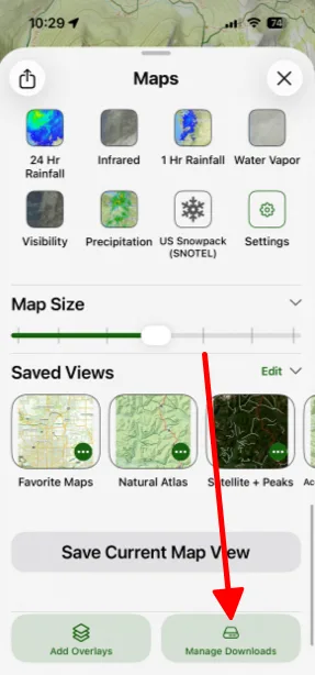 Manage Downloads at the bottom of the Maps panel