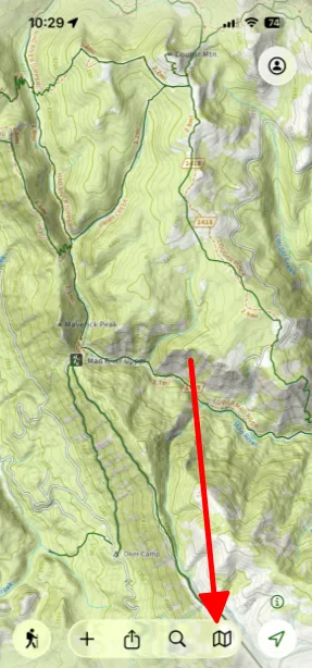 The maps button in the bottom-right corner of the iPhone map