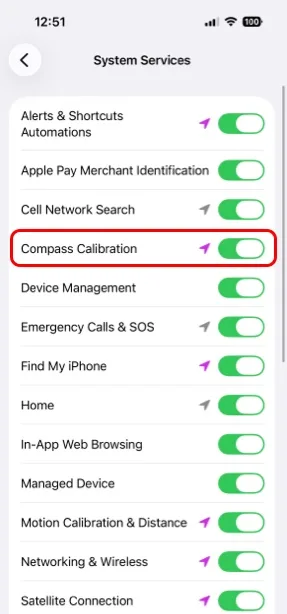 The Compass Calibration switch turned on in System Services