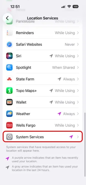 System Services at the bottom of the Location Services list