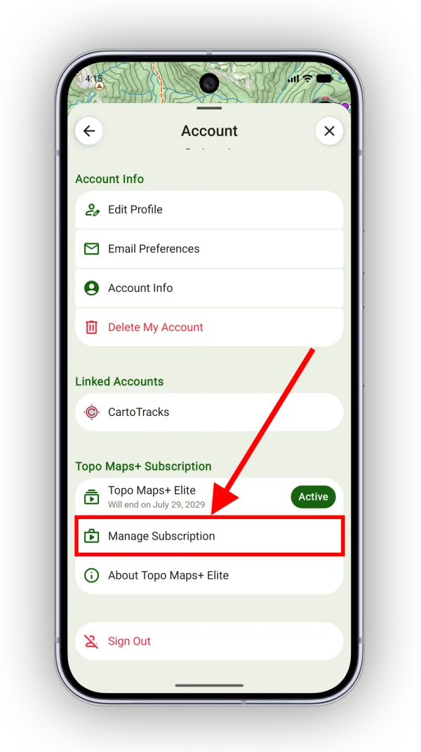 Manage Subscription under Topo Maps+ Subscription on the Account screen