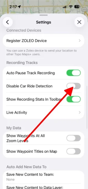 The Disable Car Ride Detection setting under Recording Tracks
